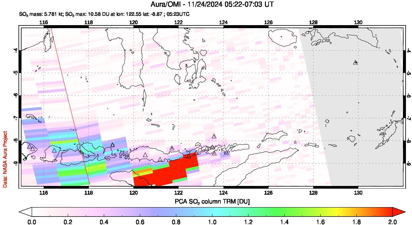 A sulfur dioxide image over Lesser Sunda Islands, Indonesia on Nov 24, 2024.