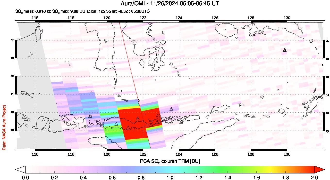 A sulfur dioxide image over Lesser Sunda Islands, Indonesia on Nov 26, 2024.