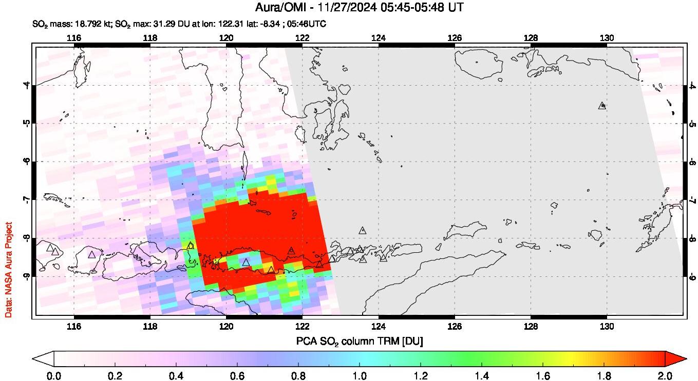 A sulfur dioxide image over Lesser Sunda Islands, Indonesia on Nov 27, 2024.