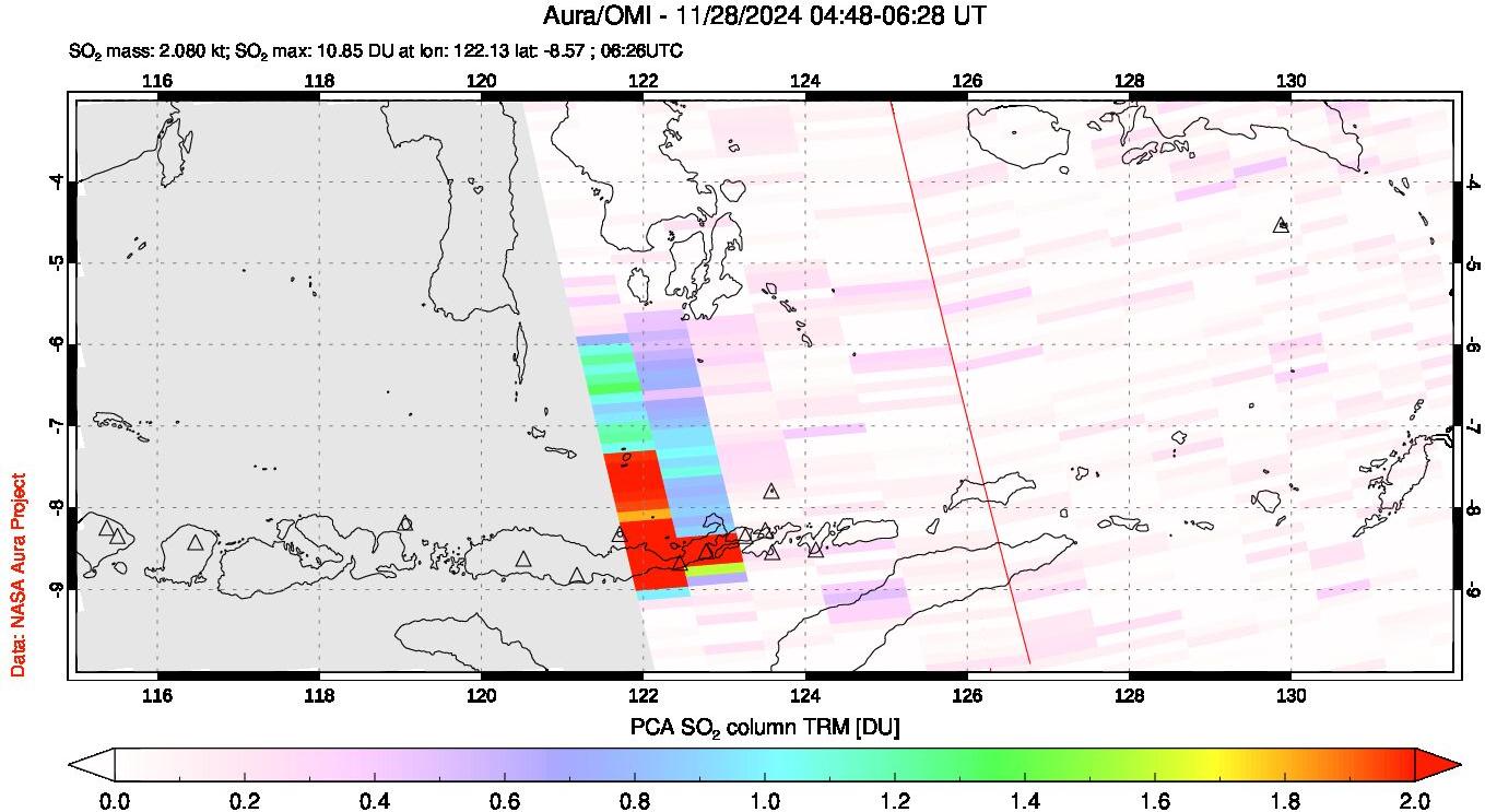 A sulfur dioxide image over Lesser Sunda Islands, Indonesia on Nov 28, 2024.