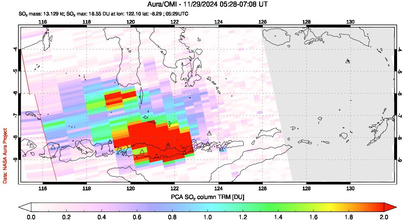 A sulfur dioxide image over Lesser Sunda Islands, Indonesia on Nov 29, 2024.