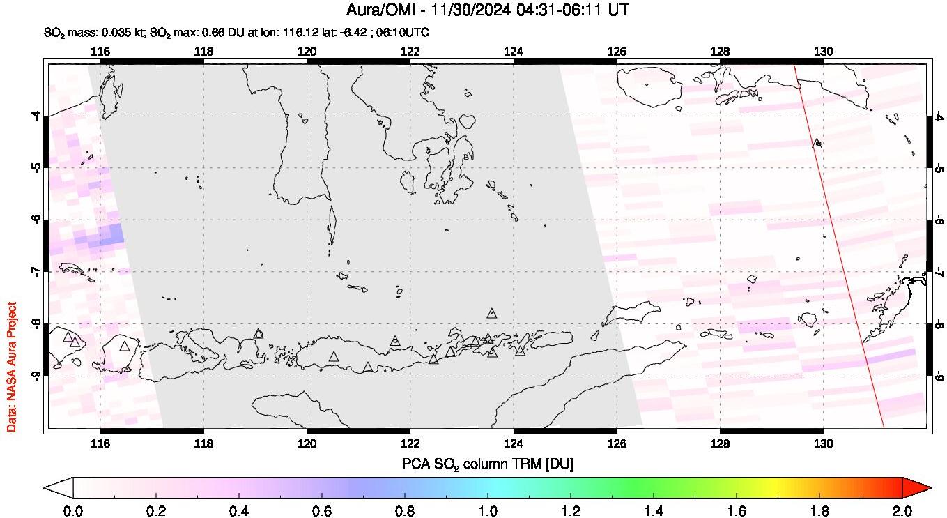 A sulfur dioxide image over Lesser Sunda Islands, Indonesia on Nov 30, 2024.