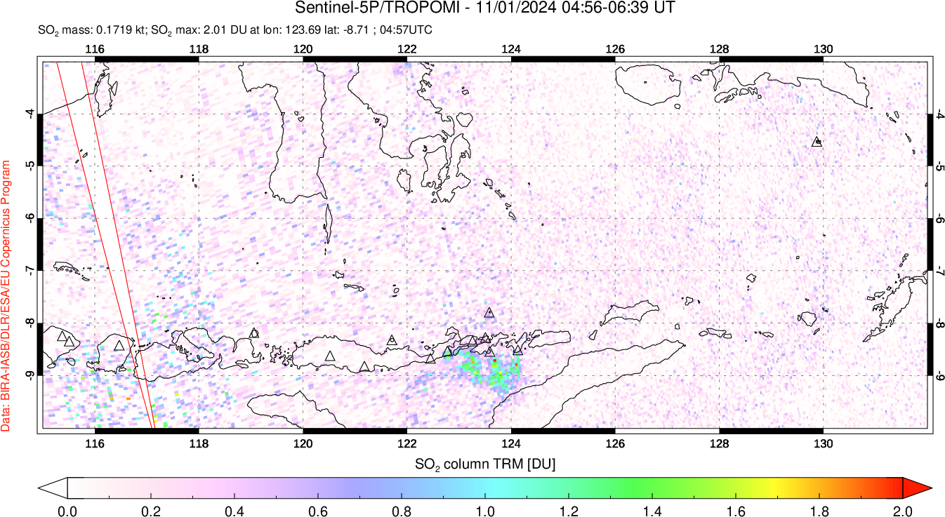 A sulfur dioxide image over Lesser Sunda Islands, Indonesia on Nov 01, 2024.