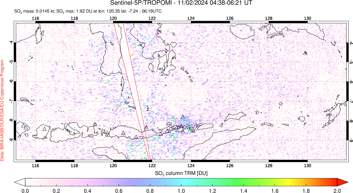 A sulfur dioxide image over Lesser Sunda Islands, Indonesia on Nov 02, 2024.