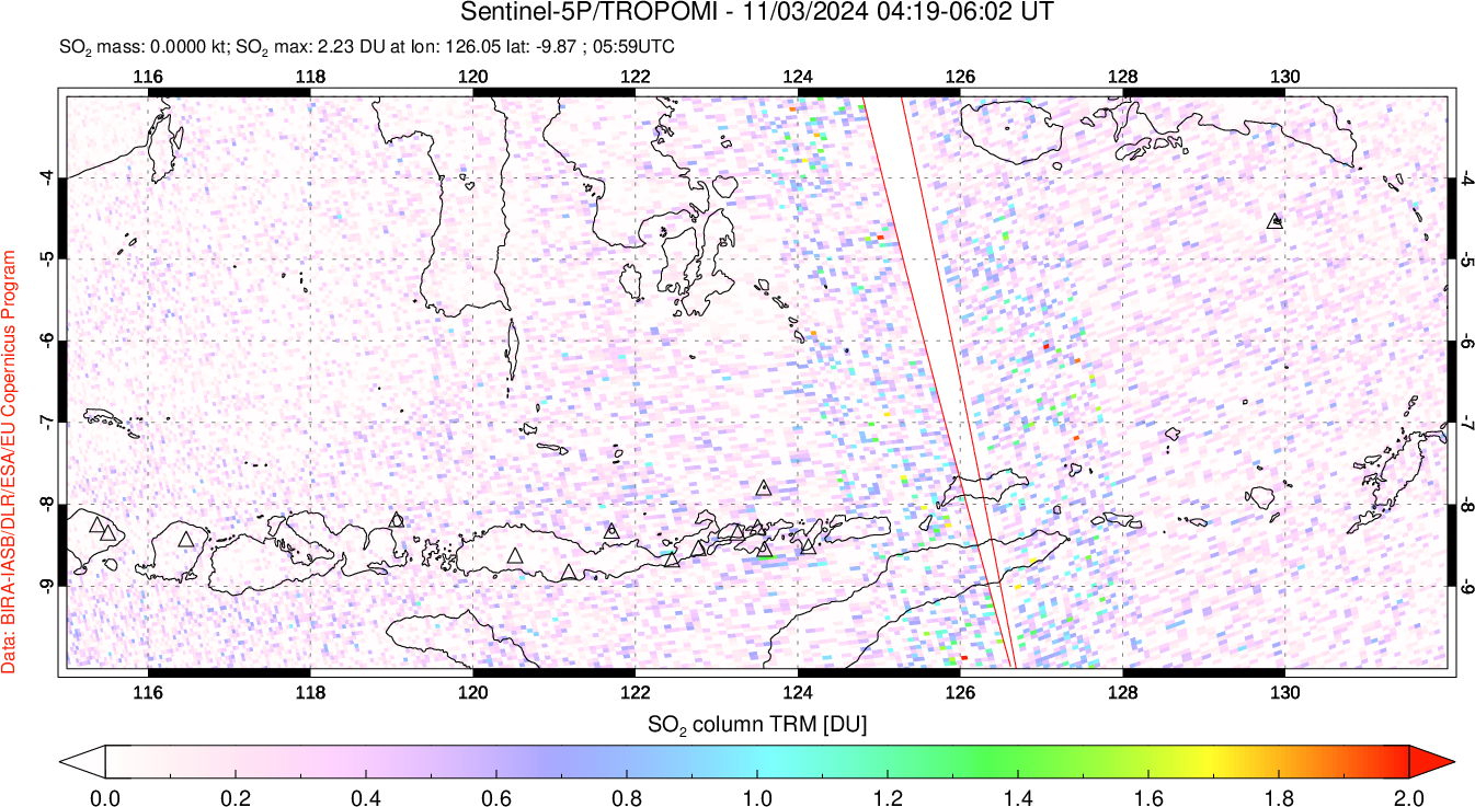 A sulfur dioxide image over Lesser Sunda Islands, Indonesia on Nov 03, 2024.