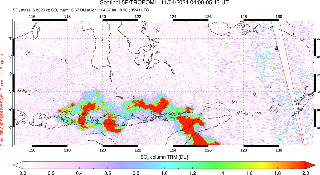 A sulfur dioxide image over Lesser Sunda Islands, Indonesia on Nov 04, 2024.