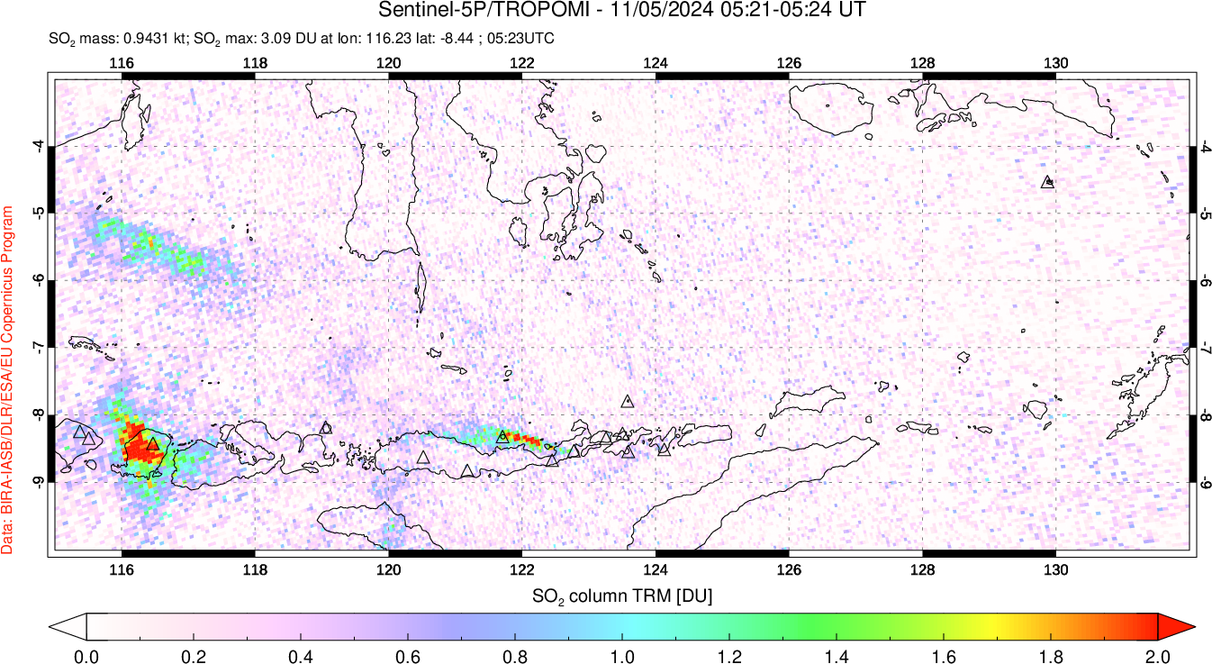 A sulfur dioxide image over Lesser Sunda Islands, Indonesia on Nov 05, 2024.