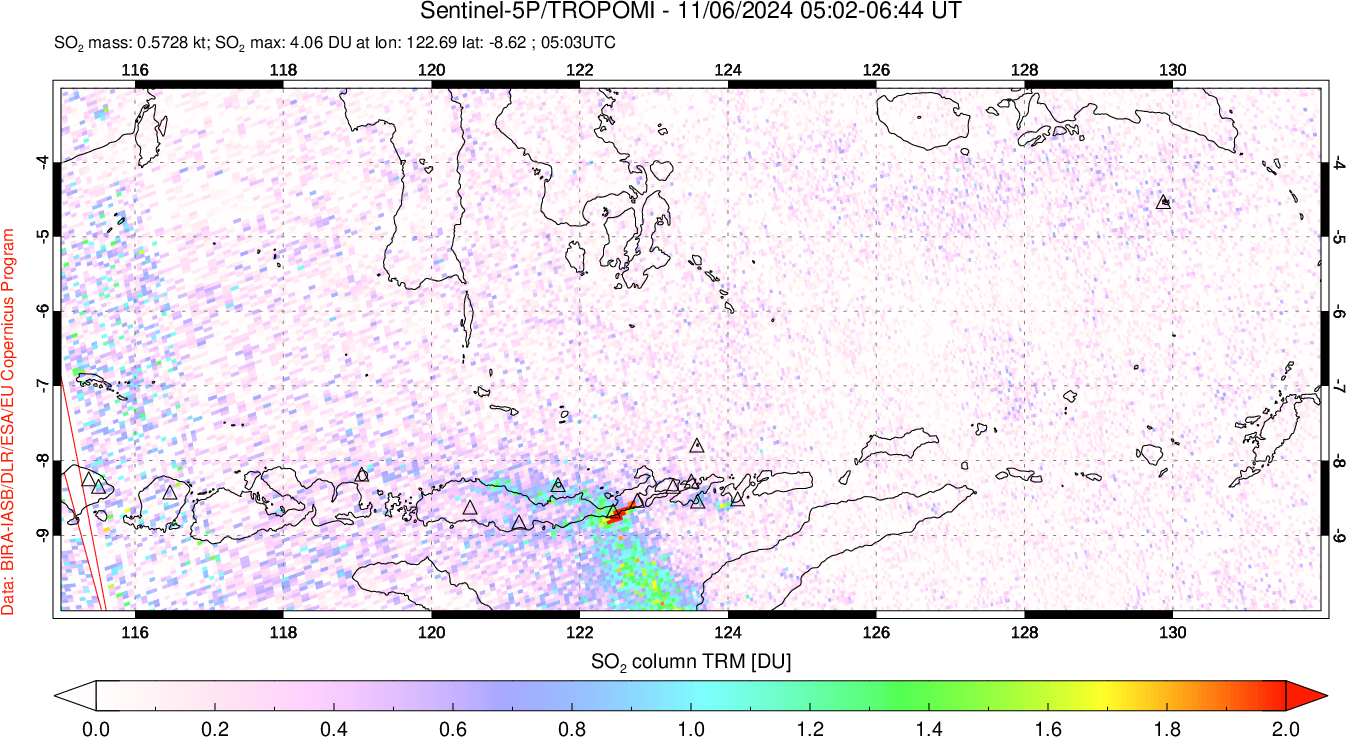 A sulfur dioxide image over Lesser Sunda Islands, Indonesia on Nov 06, 2024.