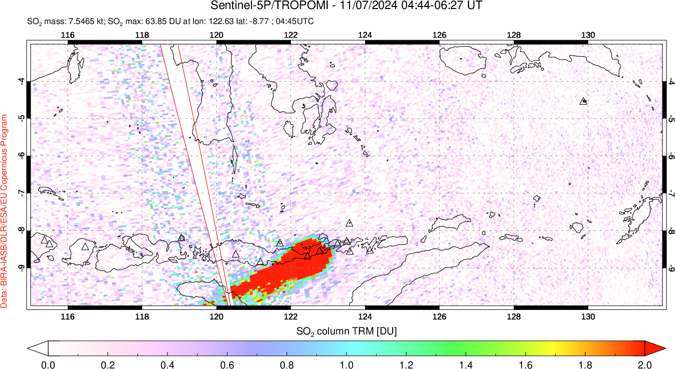 A sulfur dioxide image over Lesser Sunda Islands, Indonesia on Nov 07, 2024.