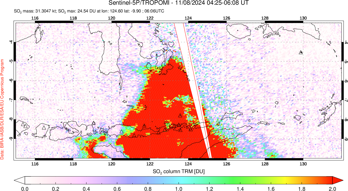 A sulfur dioxide image over Lesser Sunda Islands, Indonesia on Nov 08, 2024.