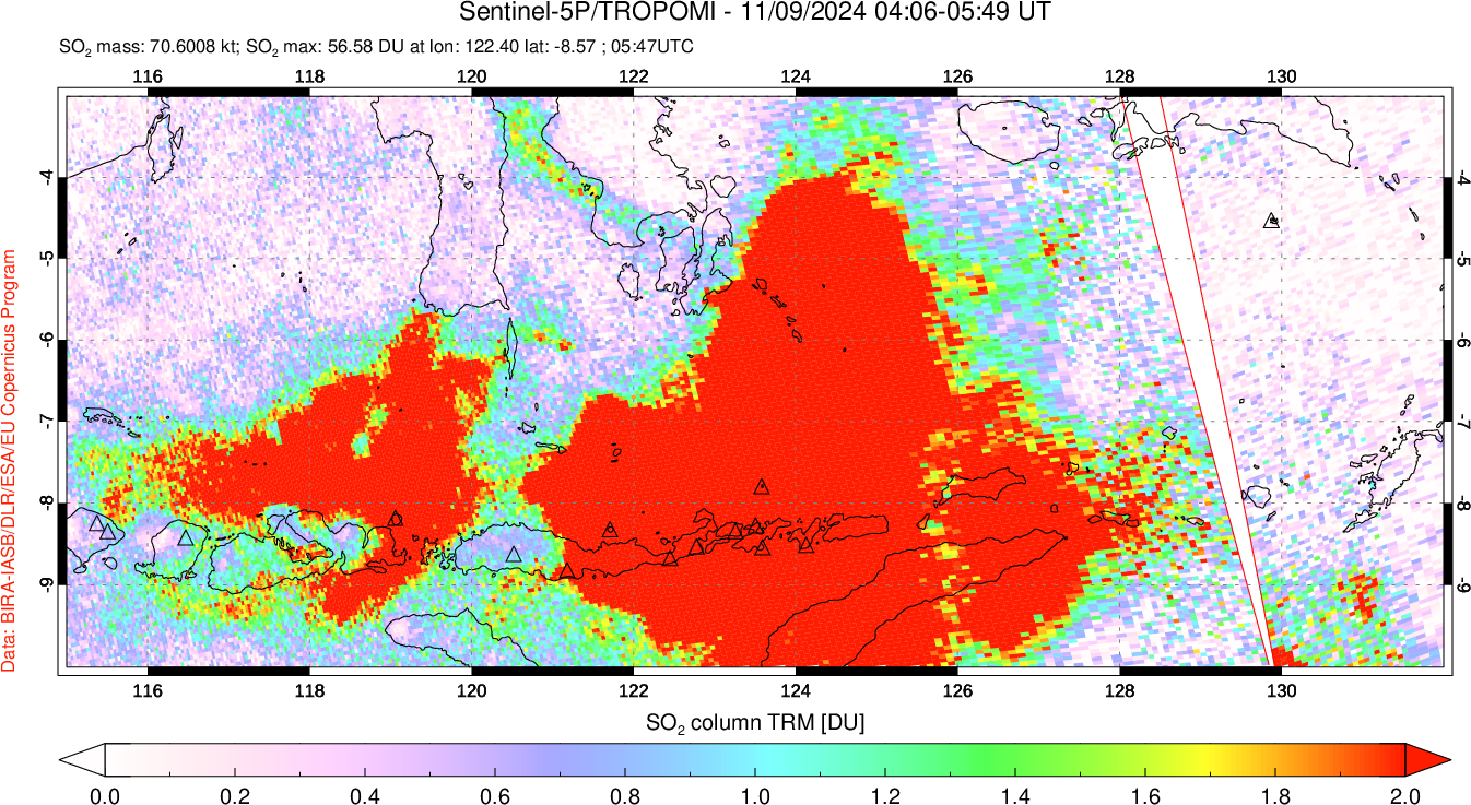 A sulfur dioxide image over Lesser Sunda Islands, Indonesia on Nov 09, 2024.