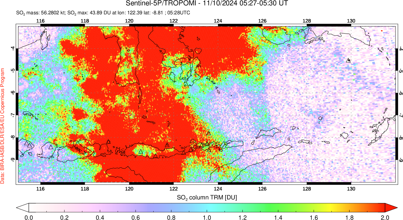 A sulfur dioxide image over Lesser Sunda Islands, Indonesia on Nov 10, 2024.