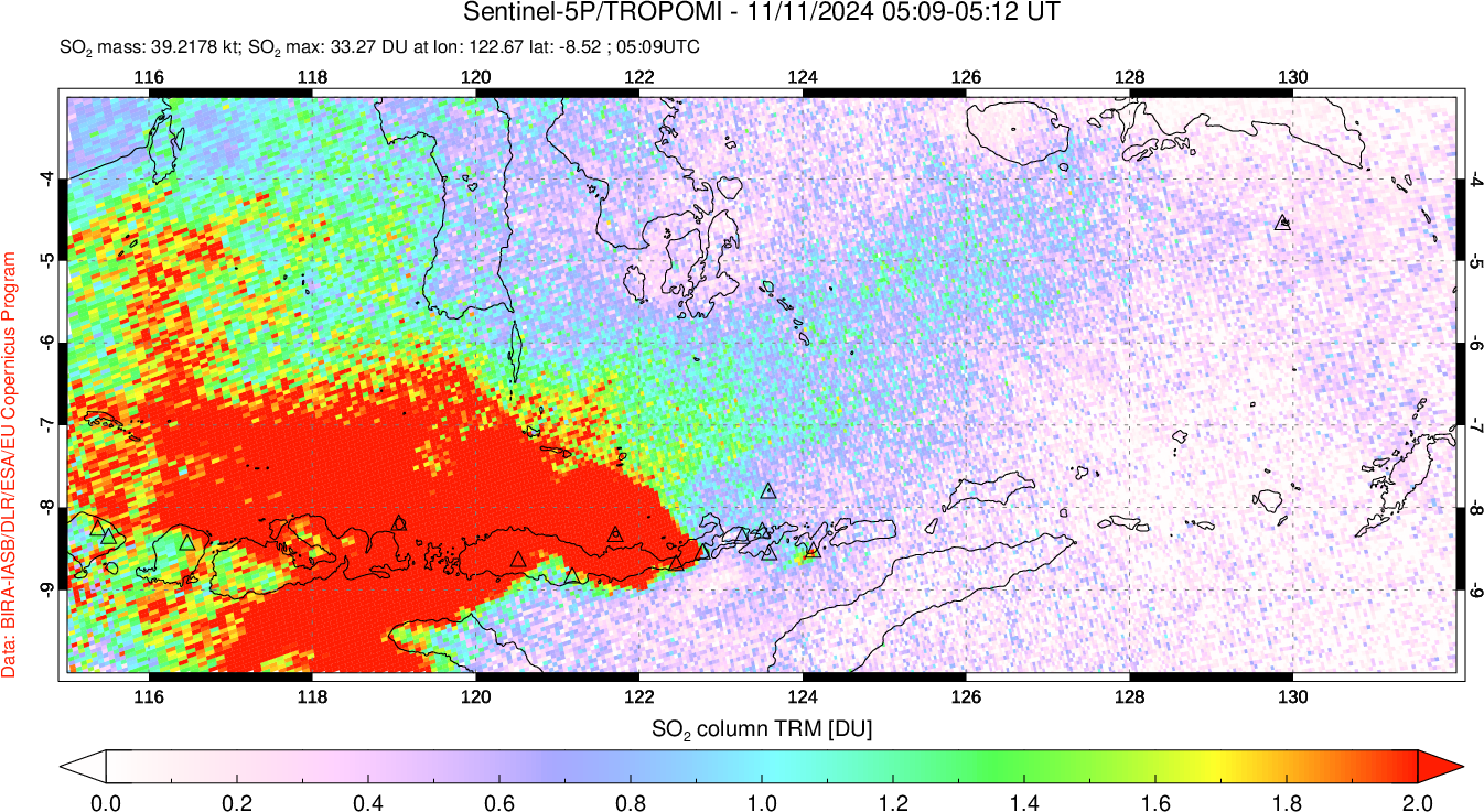 A sulfur dioxide image over Lesser Sunda Islands, Indonesia on Nov 11, 2024.