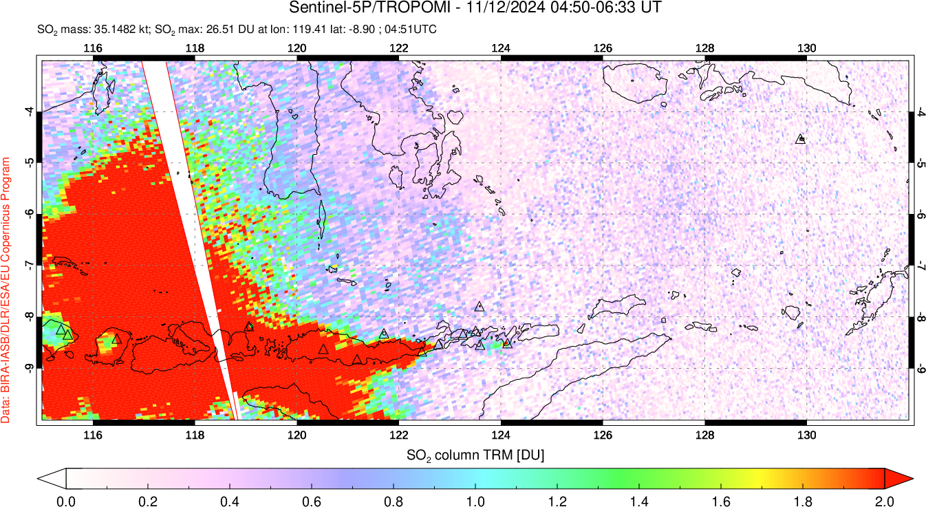 A sulfur dioxide image over Lesser Sunda Islands, Indonesia on Nov 12, 2024.