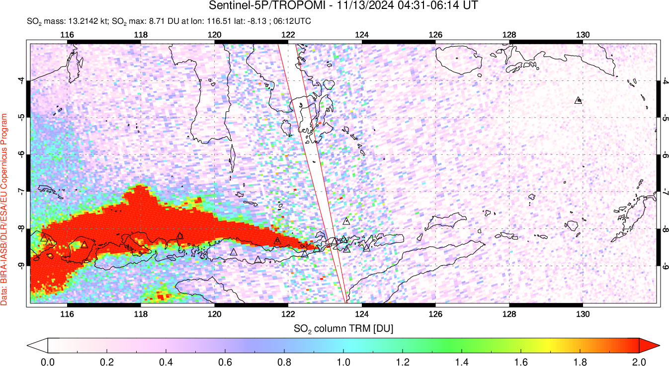 A sulfur dioxide image over Lesser Sunda Islands, Indonesia on Nov 13, 2024.