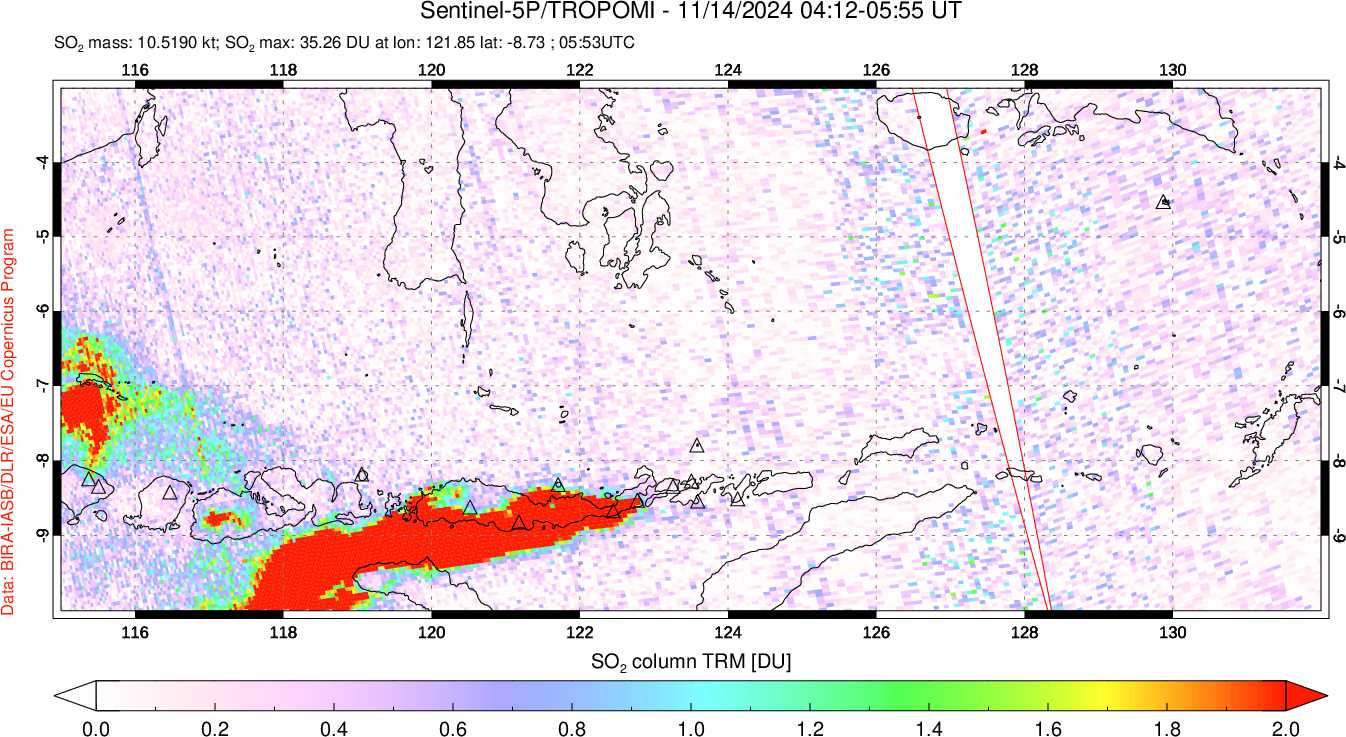 A sulfur dioxide image over Lesser Sunda Islands, Indonesia on Nov 14, 2024.