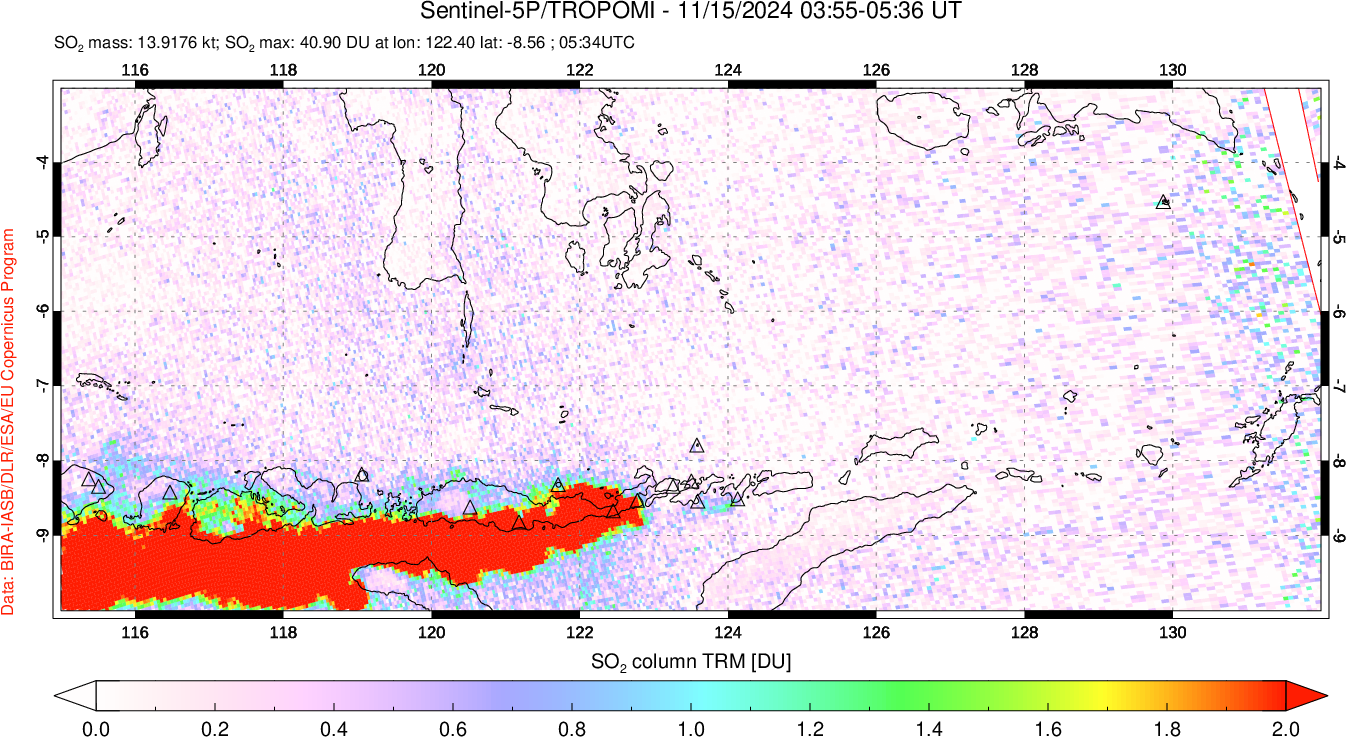 A sulfur dioxide image over Lesser Sunda Islands, Indonesia on Nov 15, 2024.