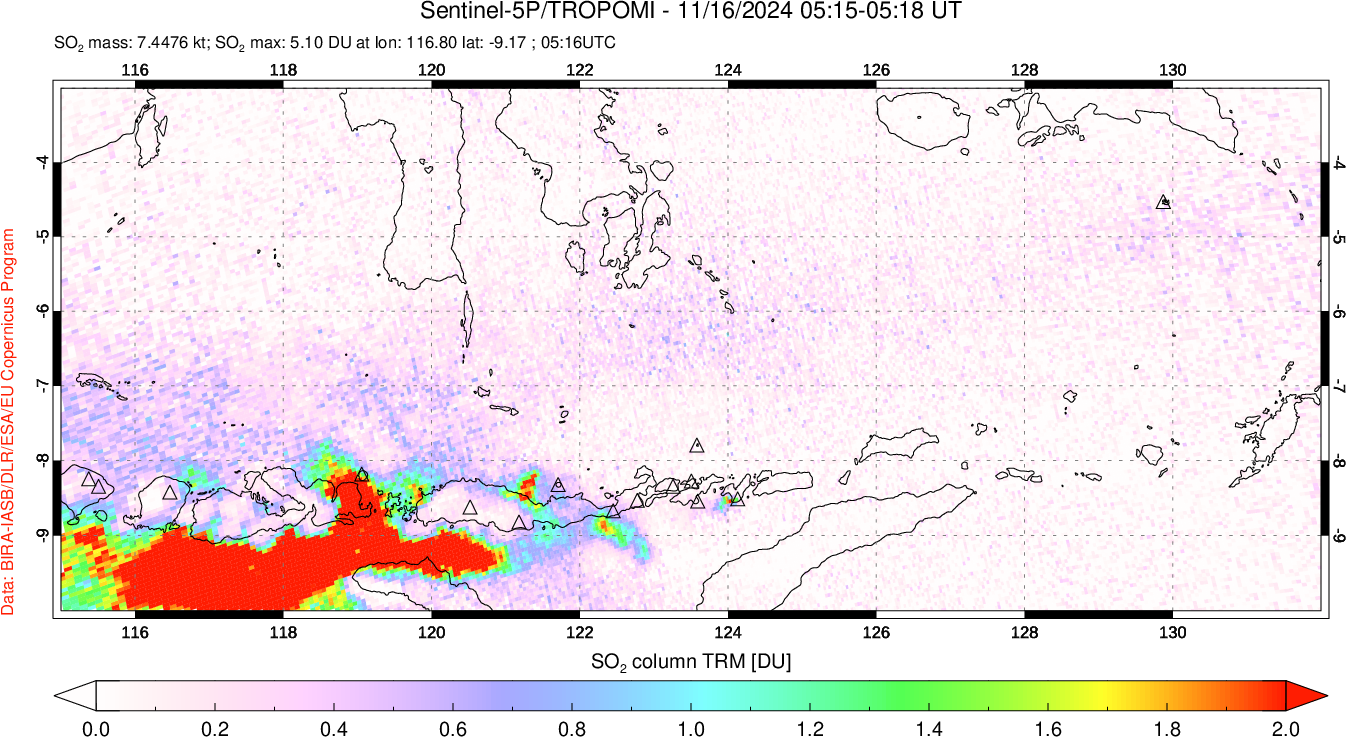 A sulfur dioxide image over Lesser Sunda Islands, Indonesia on Nov 16, 2024.