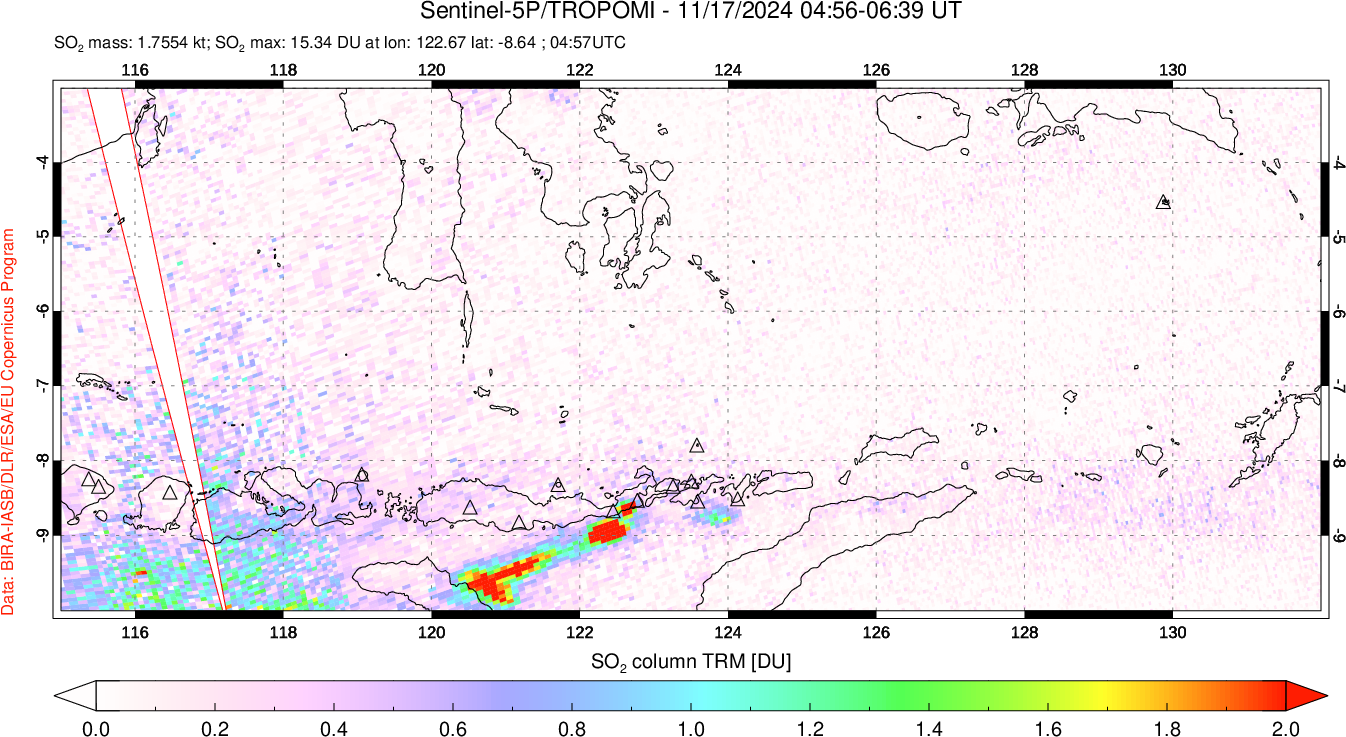 A sulfur dioxide image over Lesser Sunda Islands, Indonesia on Nov 17, 2024.