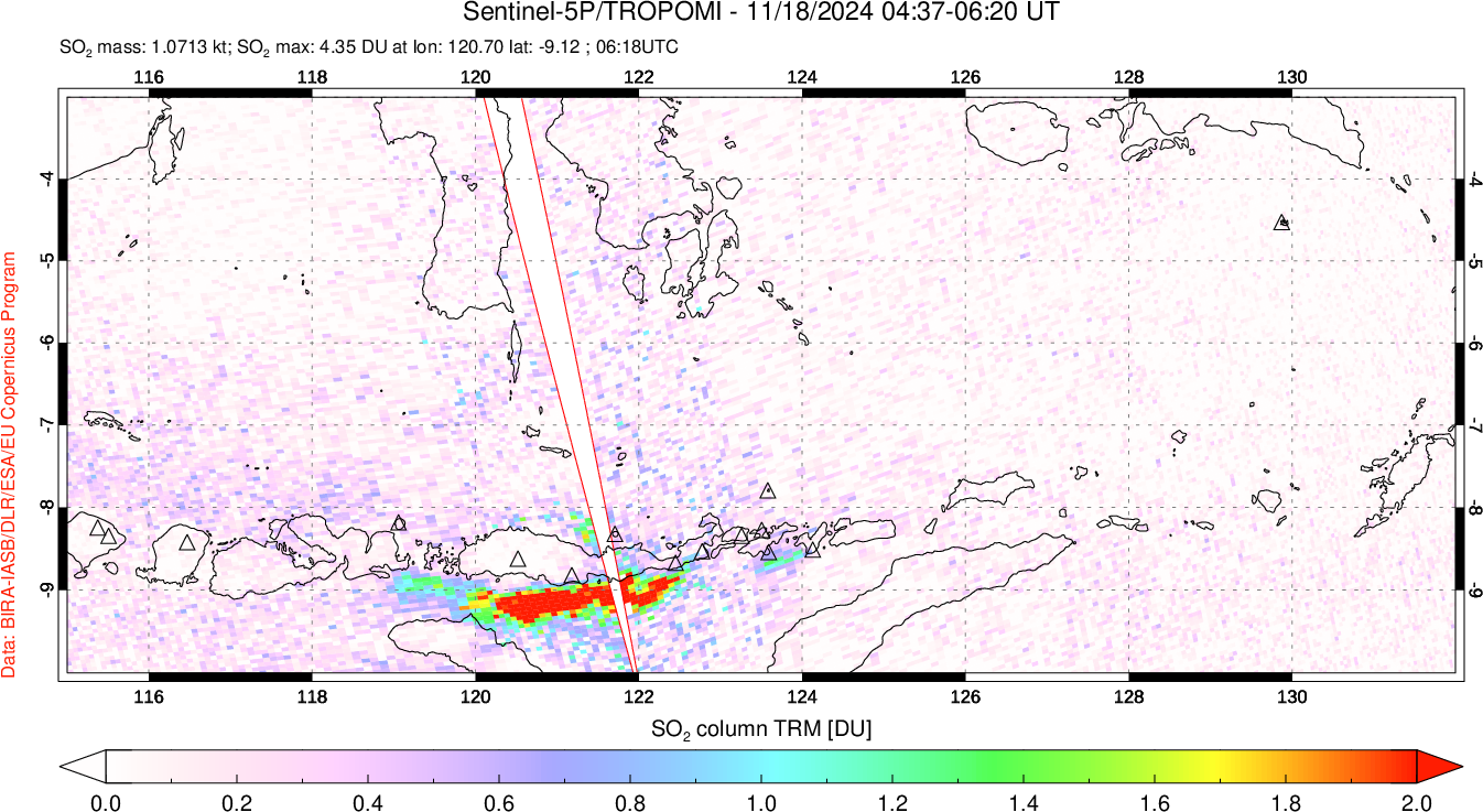 A sulfur dioxide image over Lesser Sunda Islands, Indonesia on Nov 18, 2024.