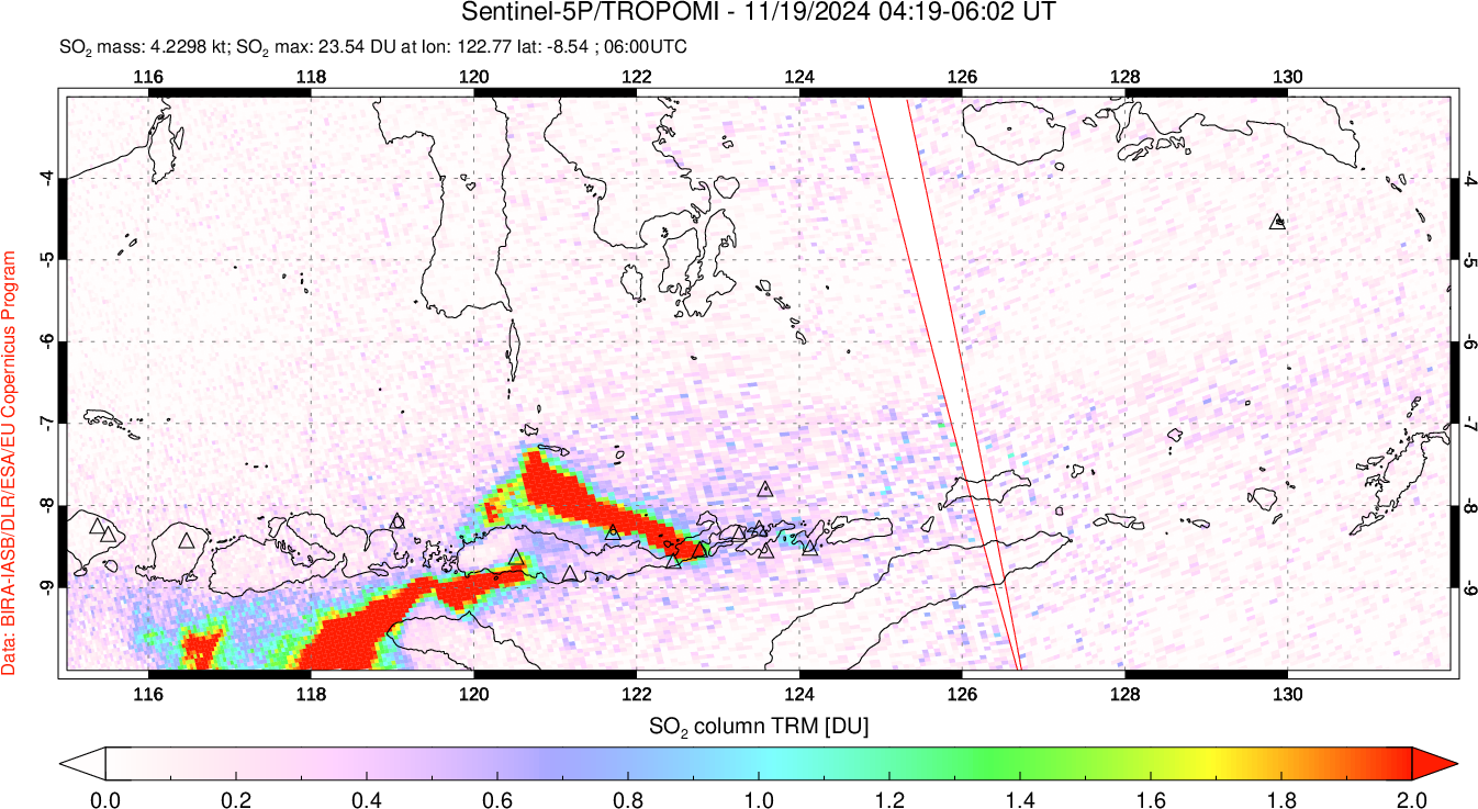 A sulfur dioxide image over Lesser Sunda Islands, Indonesia on Nov 19, 2024.