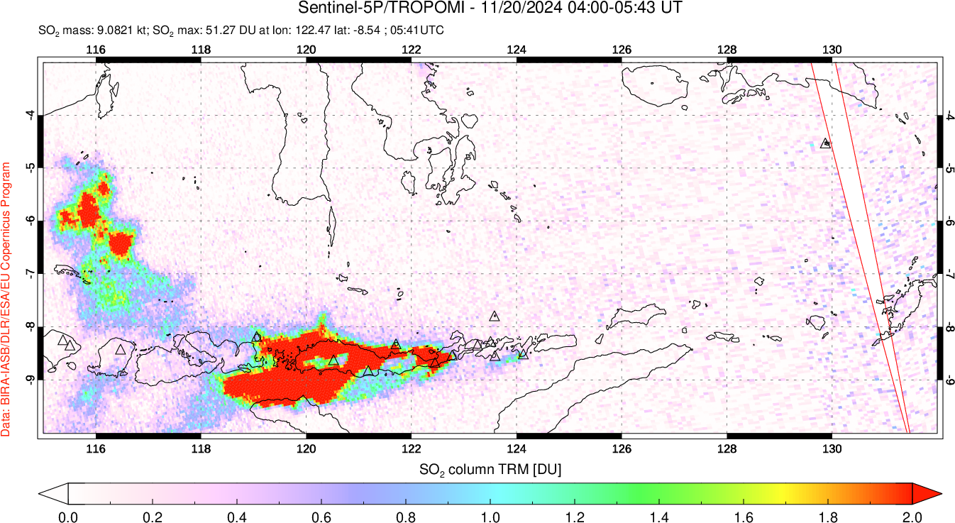 A sulfur dioxide image over Lesser Sunda Islands, Indonesia on Nov 20, 2024.