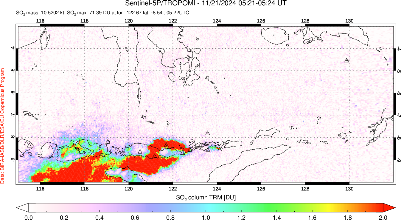 A sulfur dioxide image over Lesser Sunda Islands, Indonesia on Nov 21, 2024.