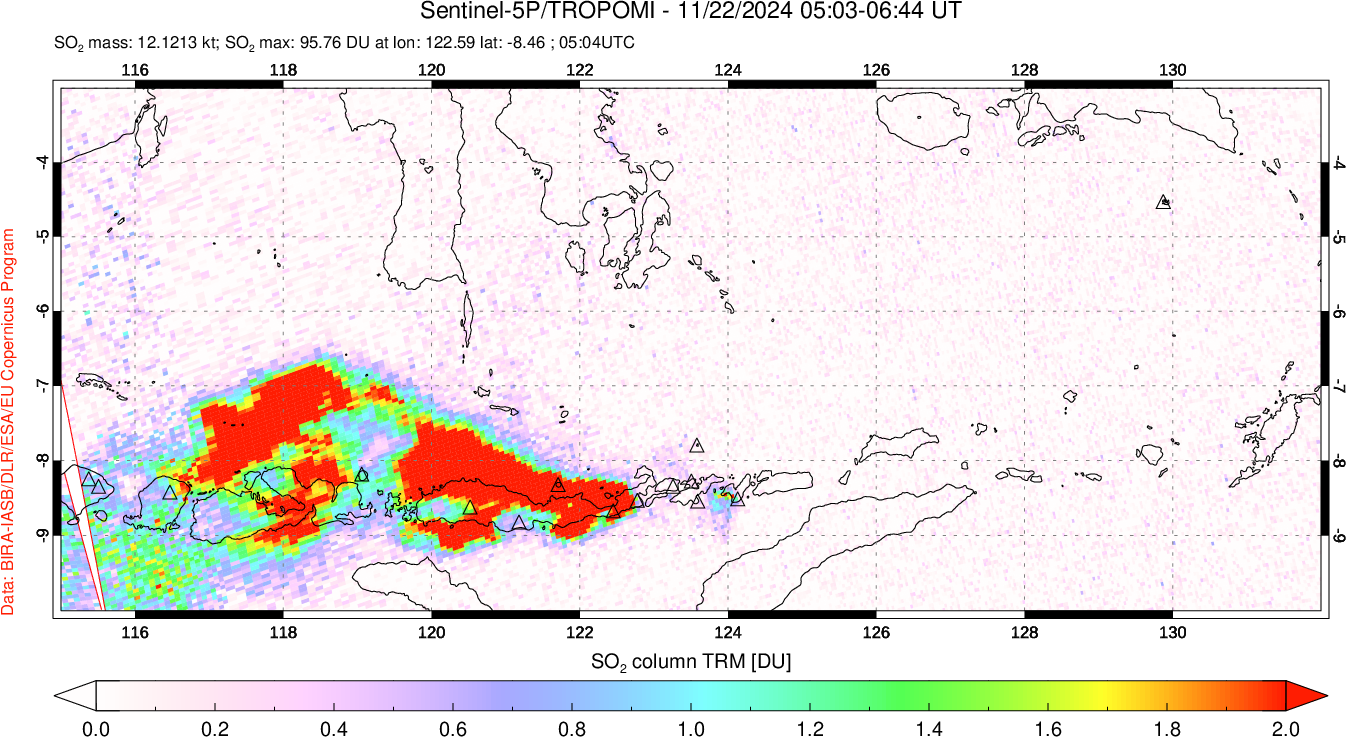 A sulfur dioxide image over Lesser Sunda Islands, Indonesia on Nov 22, 2024.