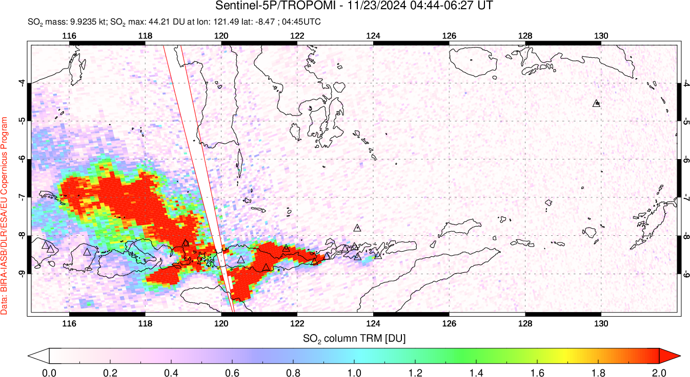 A sulfur dioxide image over Lesser Sunda Islands, Indonesia on Nov 23, 2024.