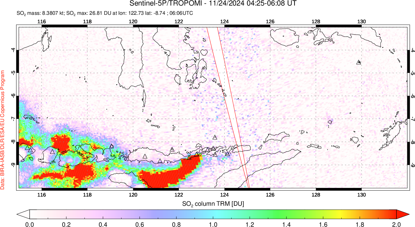 A sulfur dioxide image over Lesser Sunda Islands, Indonesia on Nov 24, 2024.