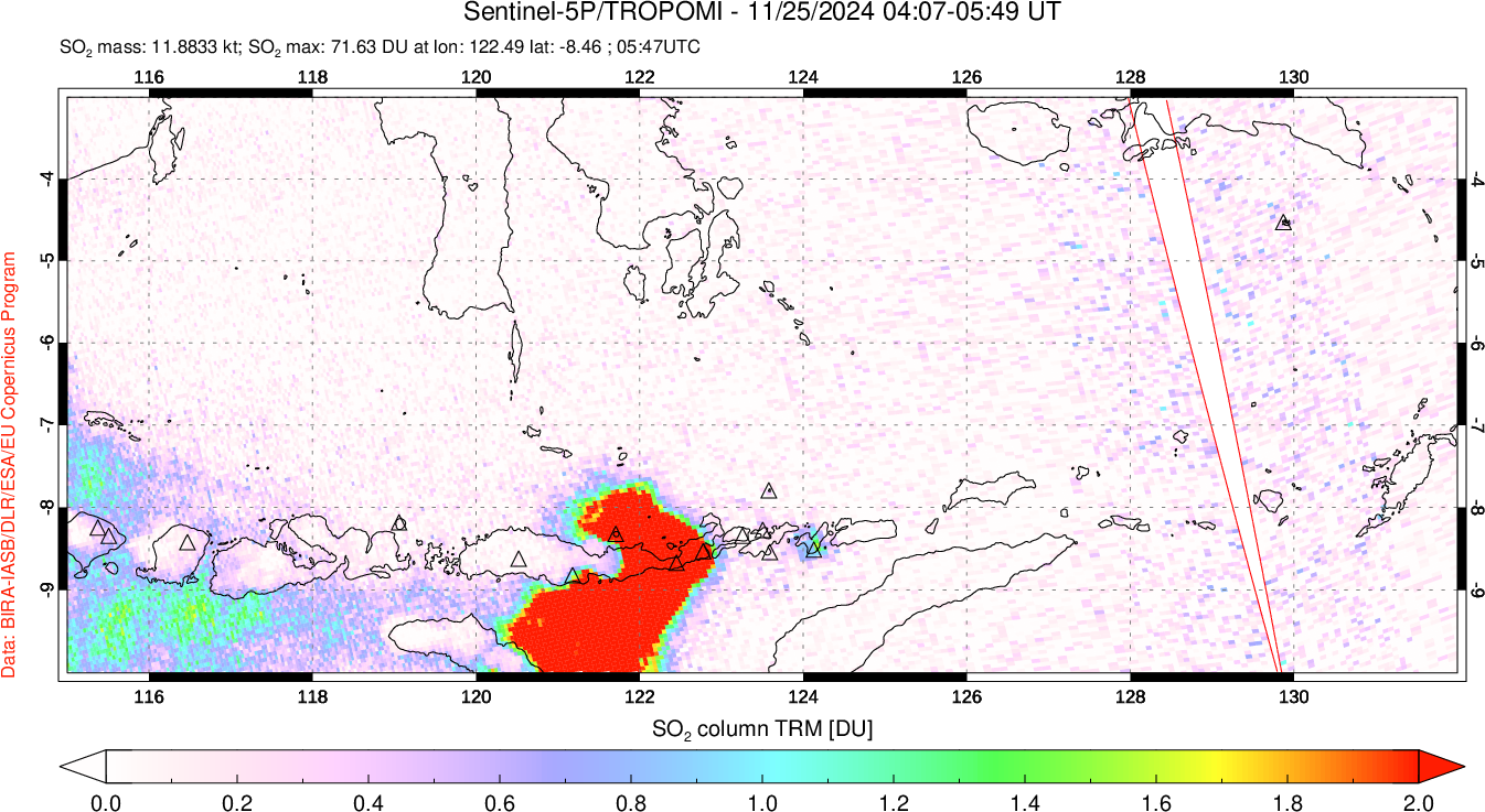 A sulfur dioxide image over Lesser Sunda Islands, Indonesia on Nov 25, 2024.