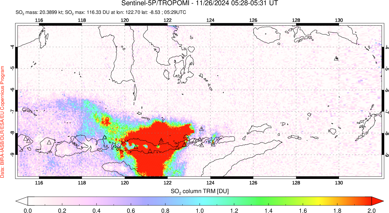 A sulfur dioxide image over Lesser Sunda Islands, Indonesia on Nov 26, 2024.