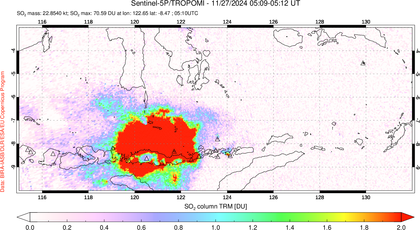 A sulfur dioxide image over Lesser Sunda Islands, Indonesia on Nov 27, 2024.