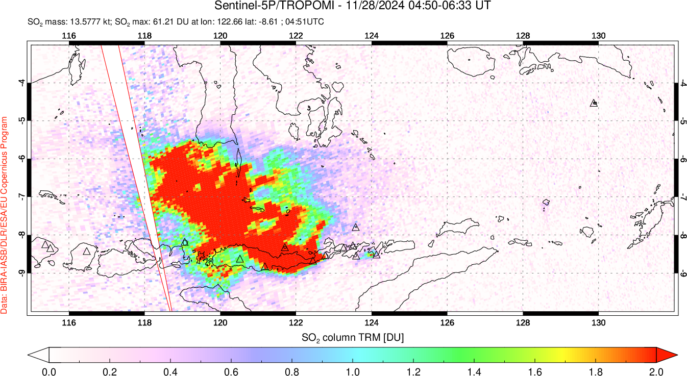 A sulfur dioxide image over Lesser Sunda Islands, Indonesia on Nov 28, 2024.