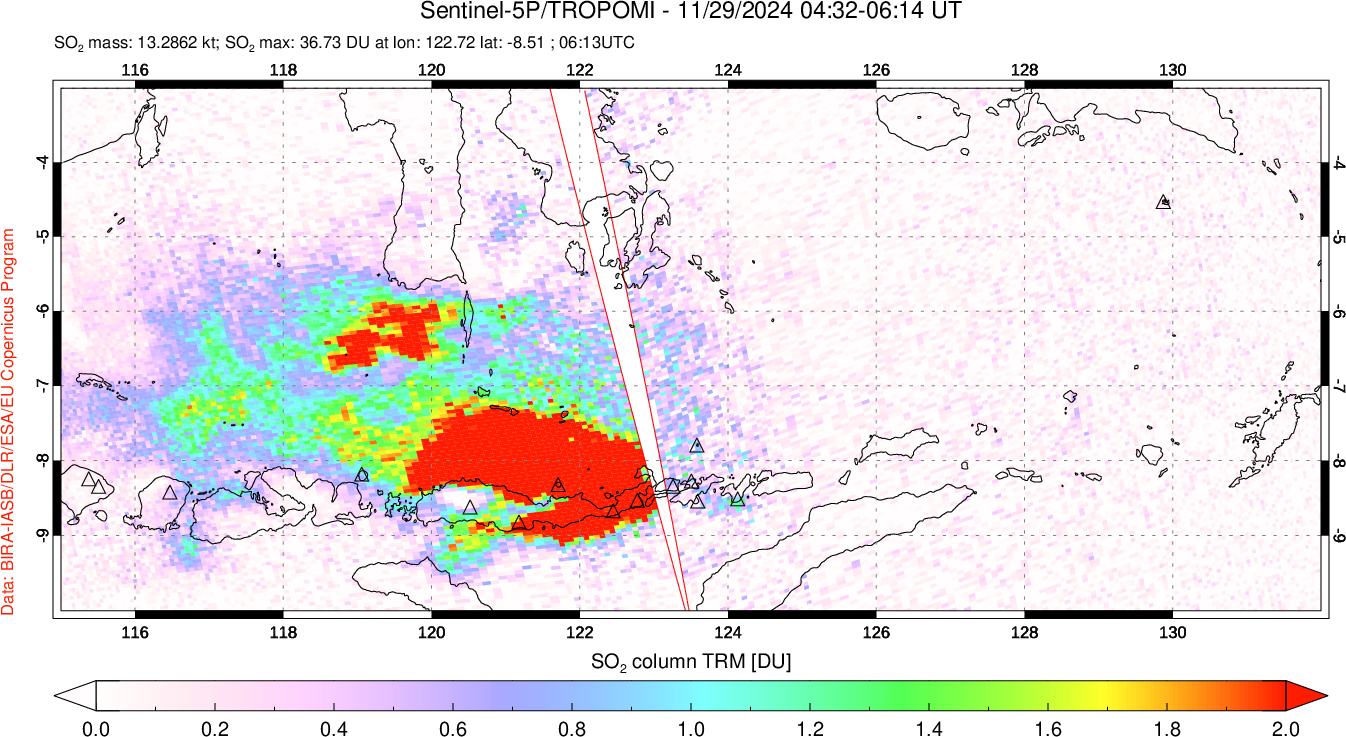 A sulfur dioxide image over Lesser Sunda Islands, Indonesia on Nov 29, 2024.