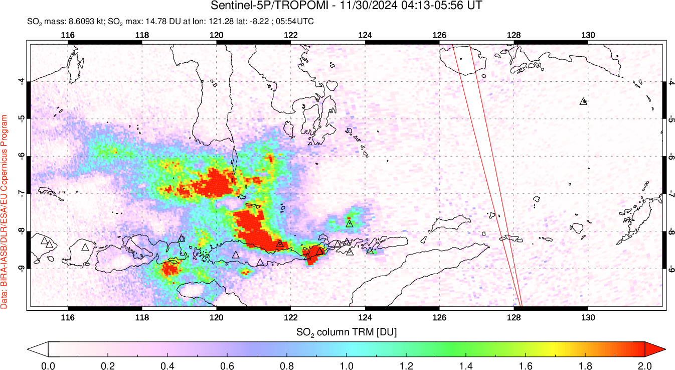 A sulfur dioxide image over Lesser Sunda Islands, Indonesia on Nov 30, 2024.