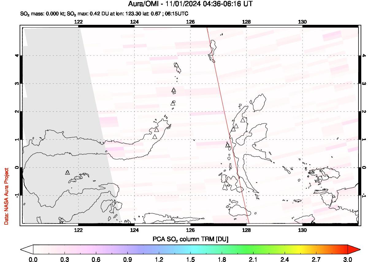 A sulfur dioxide image over Northern Sulawesi & Halmahera, Indonesia on Nov 01, 2024.