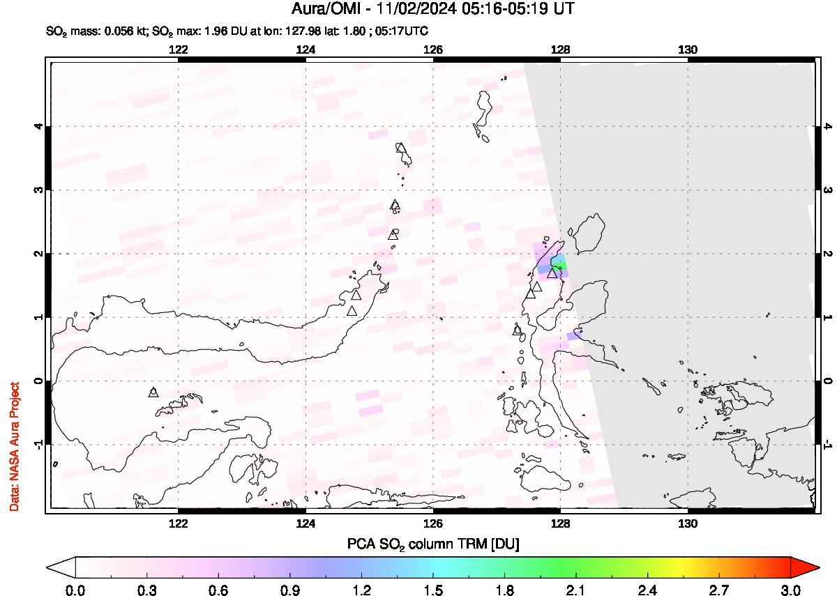 A sulfur dioxide image over Northern Sulawesi & Halmahera, Indonesia on Nov 02, 2024.