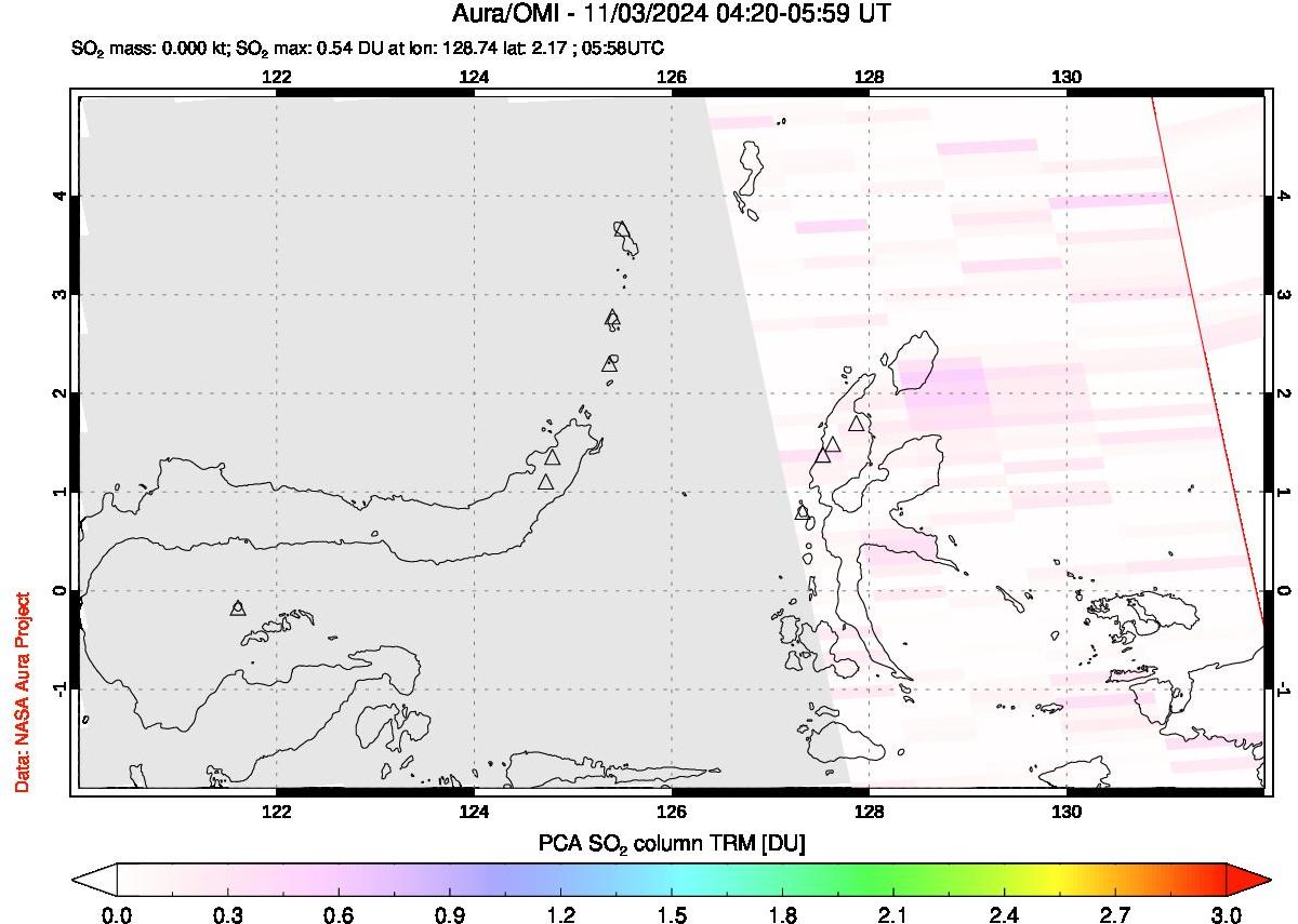 A sulfur dioxide image over Northern Sulawesi & Halmahera, Indonesia on Nov 03, 2024.