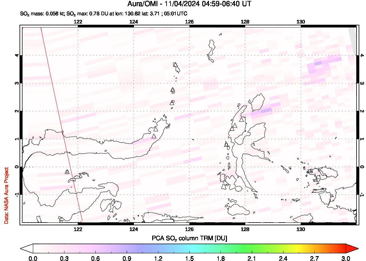 A sulfur dioxide image over Northern Sulawesi & Halmahera, Indonesia on Nov 04, 2024.