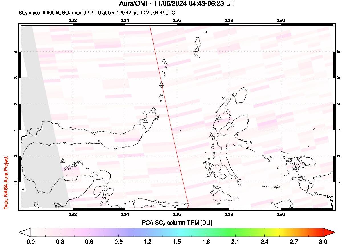 A sulfur dioxide image over Northern Sulawesi & Halmahera, Indonesia on Nov 06, 2024.