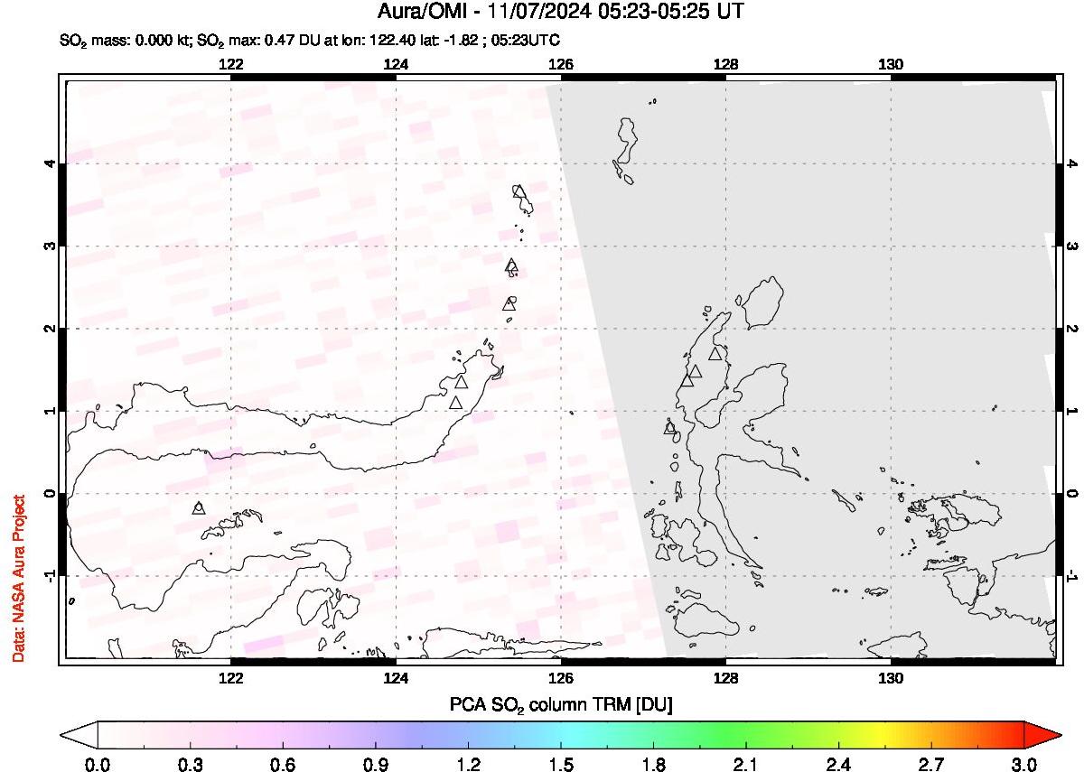 A sulfur dioxide image over Northern Sulawesi & Halmahera, Indonesia on Nov 07, 2024.