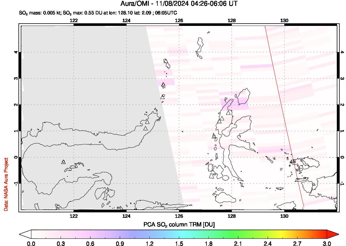 A sulfur dioxide image over Northern Sulawesi & Halmahera, Indonesia on Nov 08, 2024.