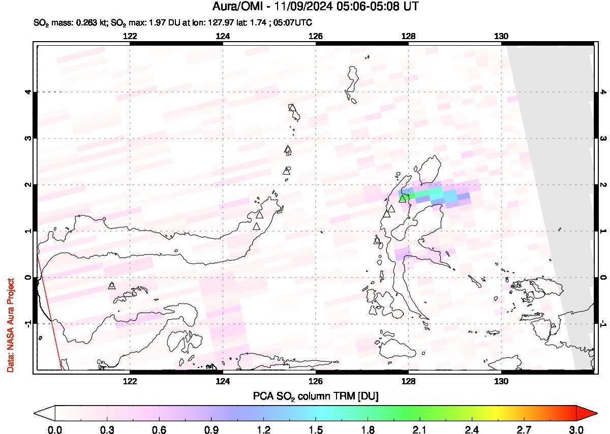 A sulfur dioxide image over Northern Sulawesi & Halmahera, Indonesia on Nov 09, 2024.