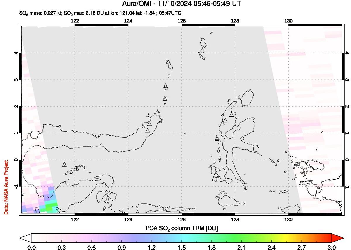 A sulfur dioxide image over Northern Sulawesi & Halmahera, Indonesia on Nov 10, 2024.