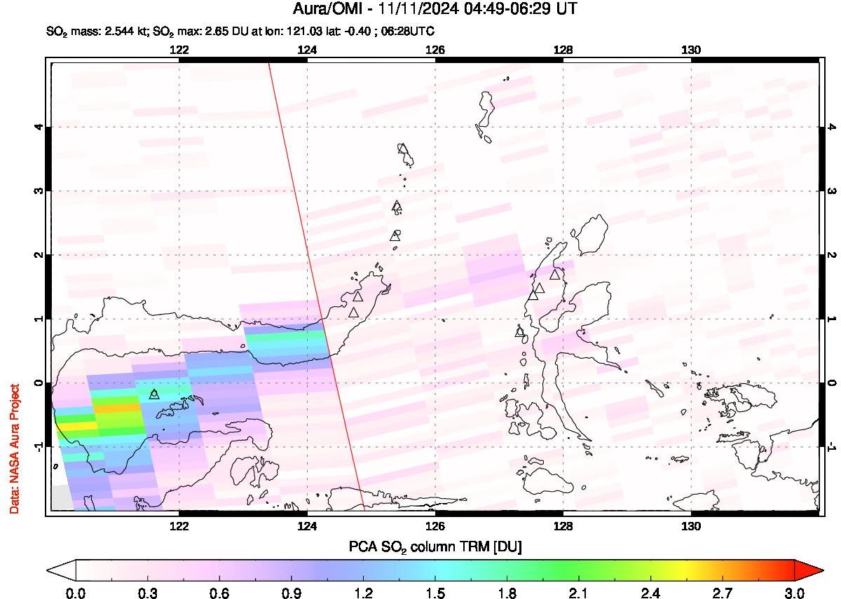 A sulfur dioxide image over Northern Sulawesi & Halmahera, Indonesia on Nov 11, 2024.