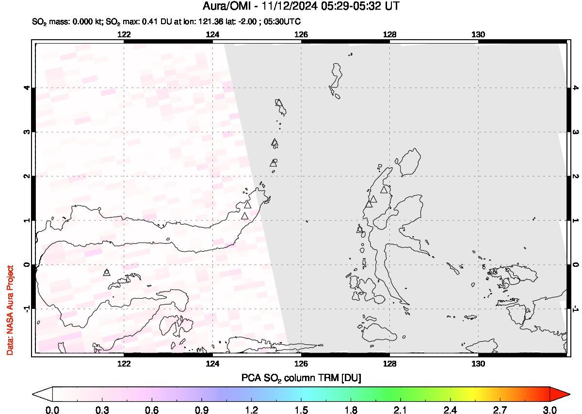 A sulfur dioxide image over Northern Sulawesi & Halmahera, Indonesia on Nov 12, 2024.