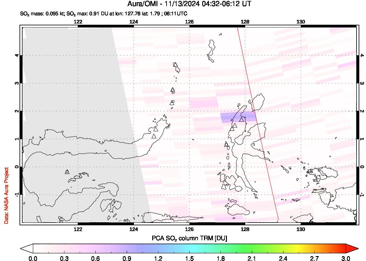 A sulfur dioxide image over Northern Sulawesi & Halmahera, Indonesia on Nov 13, 2024.