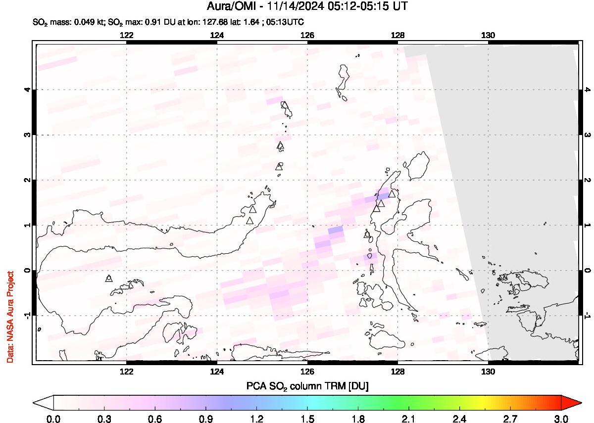 A sulfur dioxide image over Northern Sulawesi & Halmahera, Indonesia on Nov 14, 2024.