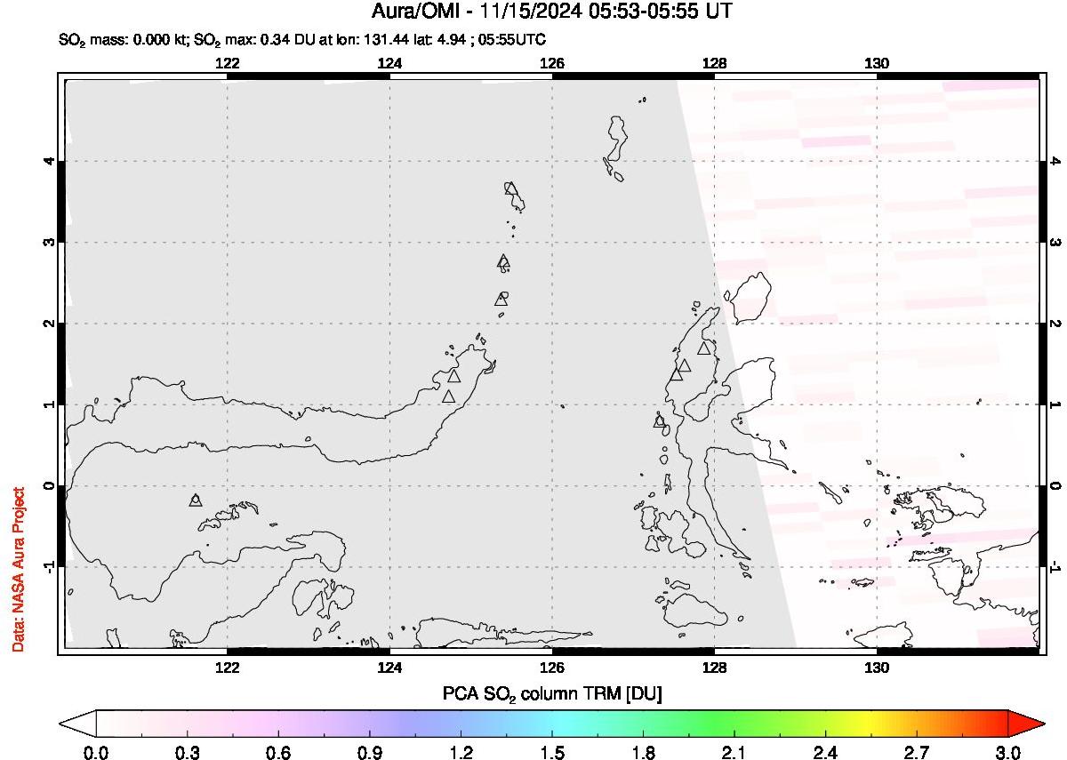 A sulfur dioxide image over Northern Sulawesi & Halmahera, Indonesia on Nov 15, 2024.